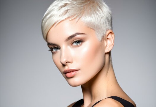 A woman with a short pixie cut is posing for a picture.