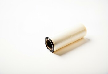 A roll of clear plastic film on a white surface.