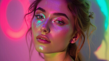 Fototapeta premium Neon cinematic portrait of a brunette woman with bright makeup in a dark room with purple and blue light. Trendy portrait of a woman in glitter with makeup.