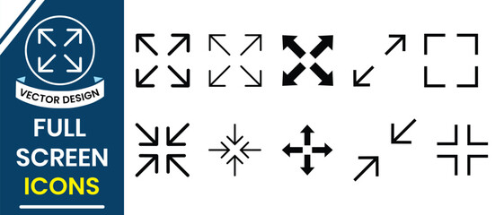 Full screen, Maximize and minimize icon vector design for web, app, buttons. Full screen and exit full screen icon vector set design. Vector illustration.