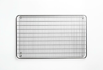 A wire cooling rack on a white surface.