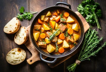 A pot of stew with carrots, potatoes and bread on a wooden table.