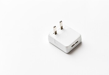 A white wall charger on a white surface.