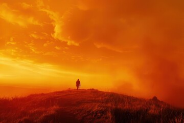 Solitary figure on a hilltop, bathed in fiery sunset hues.