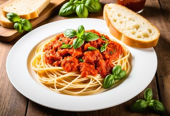 A plate of spaghetti with tomato sauce and bread on a table.