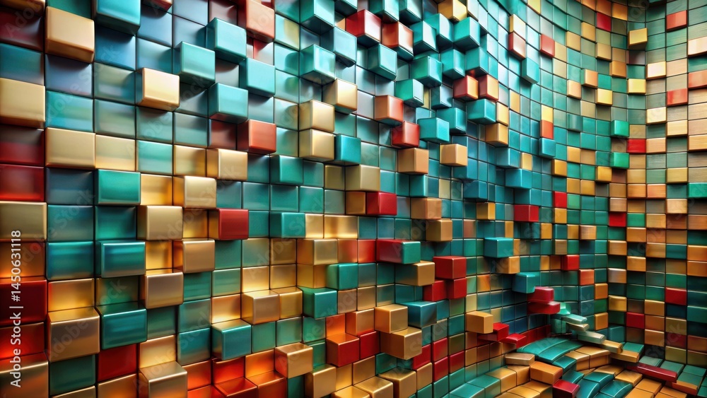 Poster abstract colorful wall of shiny cubes with curved perspective
