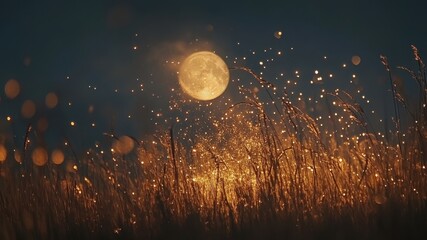 Magical dreamy landscape featuring moon and wheat