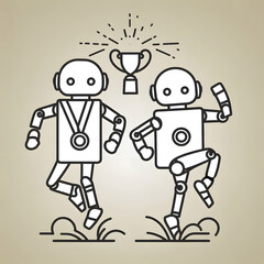 Fototapeta premium Robots celebrating victory with a trophy in a playful style 