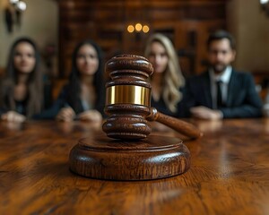 Gavel on table, lawyers in background