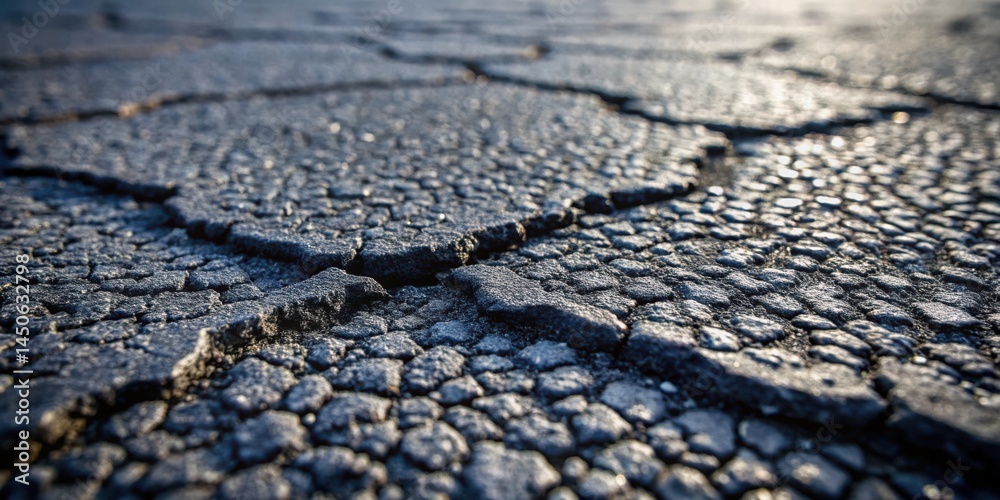 Poster a close-up view of a cracked cobblestone path, revealing the intricate texture and wear of the indiv