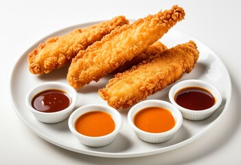 A white plate topped with fried food next to dipping sauces.