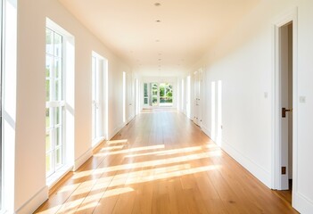 Fototapeta premium A long hallway with white walls and wood floors.