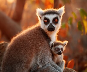 Obraz premium Family of monkeys, young baby. Ring-tailed lemur, lemur catta.