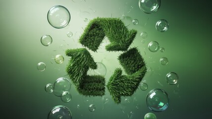 Green moss recycling symbol floats with bubbles in 3D eco space