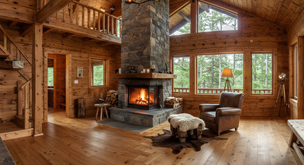Inviting Rustic Living Room With Stone Fireplace And Natural Wood Paneling