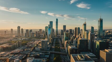 Obraz premium Aerial View of Modern Cityscape with Tall Skyscrapers and Blue S