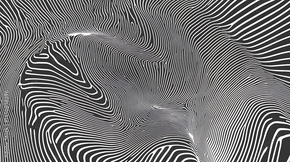 Poster abstract black and white image featuring intricate swirling lines and patterns creating a dynamic vi