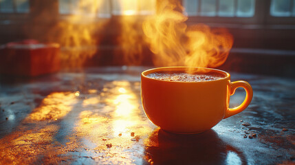 A steaming cup of coffee sits on a table, bathed in the warm glow of the setting sun