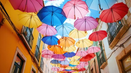 Colorful umbrellas adorn a narrow city street.
