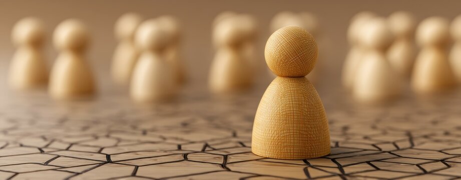 Individuality standout difference. A single wooden figure stands apart from a group on a cracked surface, symbolizing isolation or individuality.