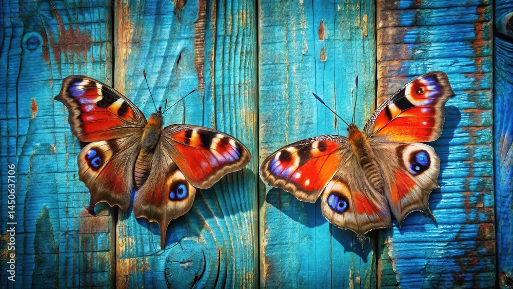 Poster two colorful butterflies with intricate wing patterns perched on weathered blue wood planks, their w