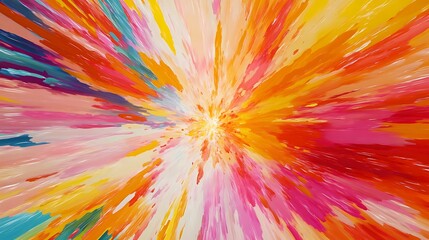 Fototapeta premium Abstract explosion of vibrant colors radiating outward. Bright hues of red, orange, yellow, pink, blue and teal create a dynamic, energetic composition. The image features a central burst of light