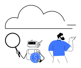 AI robot holding magnifier and coin, person gesturing at cloud. Ideal for technology, AI research, digital economy, innovation, cloud services, data exploration, flat simple metaphor