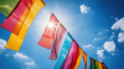 Colorful flags strung high against a vibrant sky.