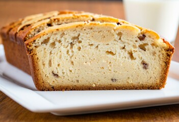 A loaf of banana bread on a white plate.