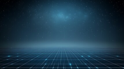 Abstract digital landscape with glowing blue lines forming a grid pattern on a dark background. Small white particles float in the dark upper atmosphere. The overall mood is futuristic and