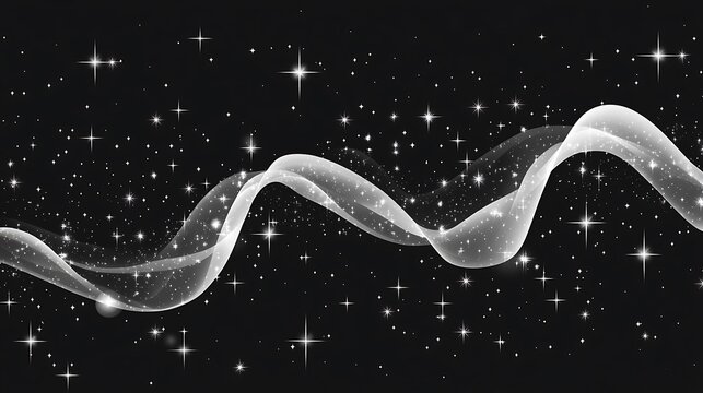Abstract image of flowing white lines resembling smoke or energy against a black background, speckled with small white particles suggesting stars or glitter. The lines curve smoothly, creating a