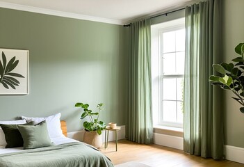 A living room with green curtains and a chair.