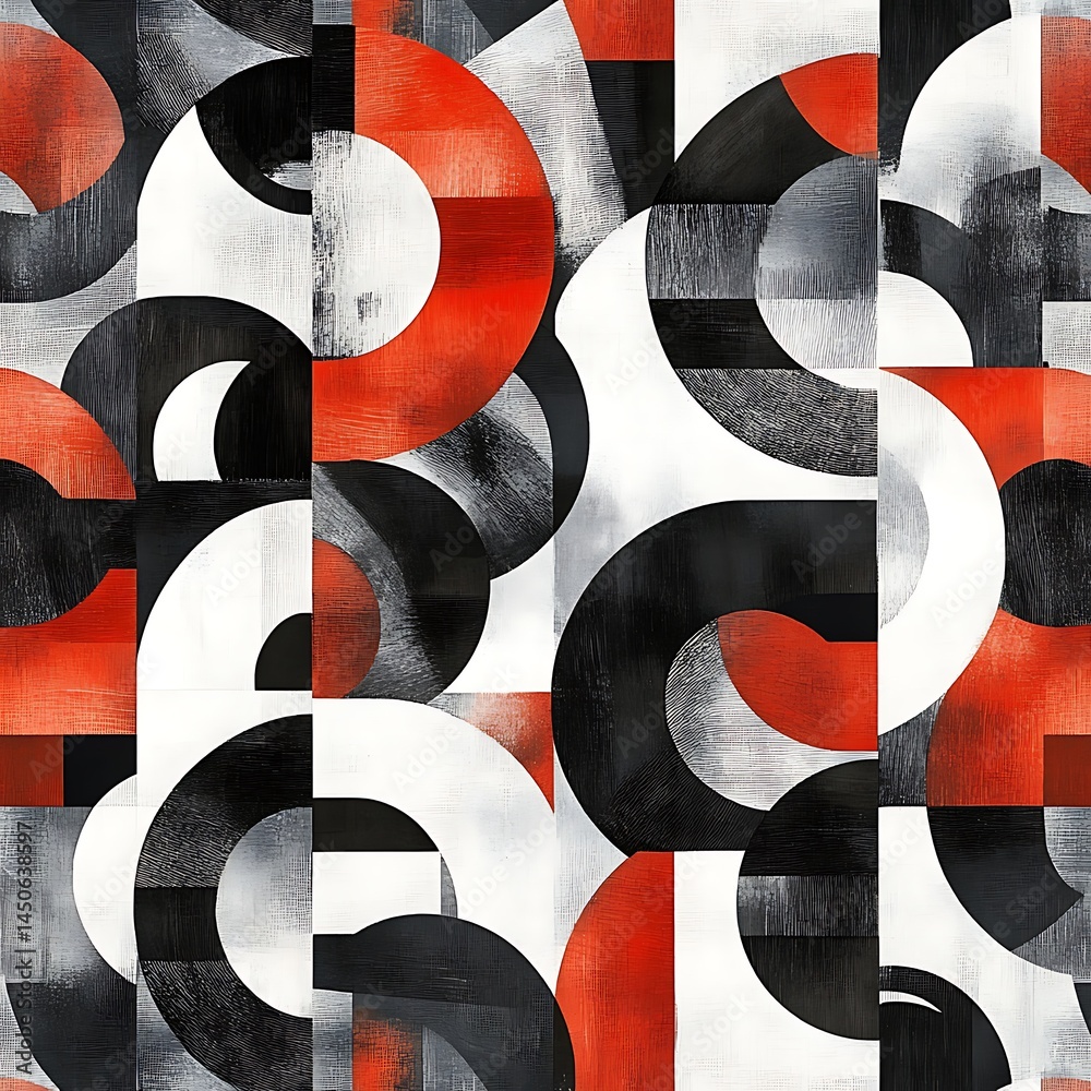 Poster abstract geometric pattern with red, black, and white curved shapes. the design features overlapping