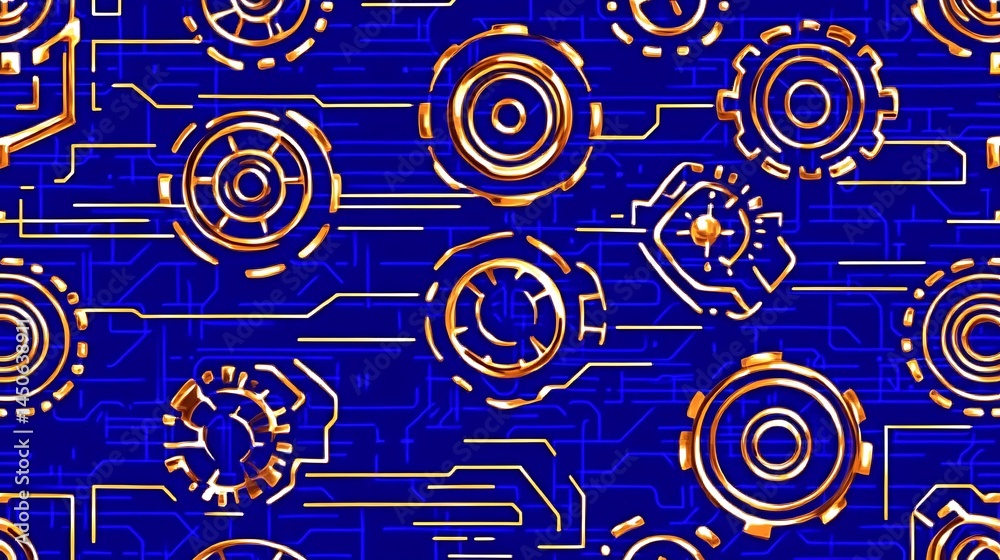 Poster abstract seamless pattern featuring gold and blue circuit board design with various technological el