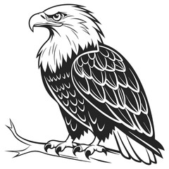 Black and White Line Art of a Front-Facing Eagle Standing with Wings Folded and Intense Expression