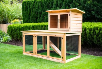A large wooden rabbit hutch in a garden.