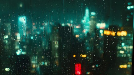 Obraz premium Rain-streaked city lights at night, viewed through a window. A nocturnal cityscape, blurred by rain