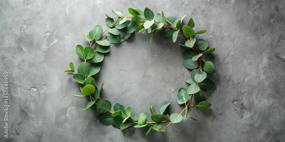 Poster a circular arrangement of fresh green leaves on a gray background, creating a minimalist and natural