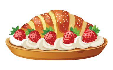 Brioche bread with Whipped Cream and Strawberries - vector illustration