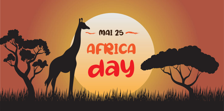 Africa Day Savannah Landscape with a giraffe in a sunset savannah with acacia trees, May 25 - vector illustration. Safari scene in warm tones, perfect for nature or travel themes.