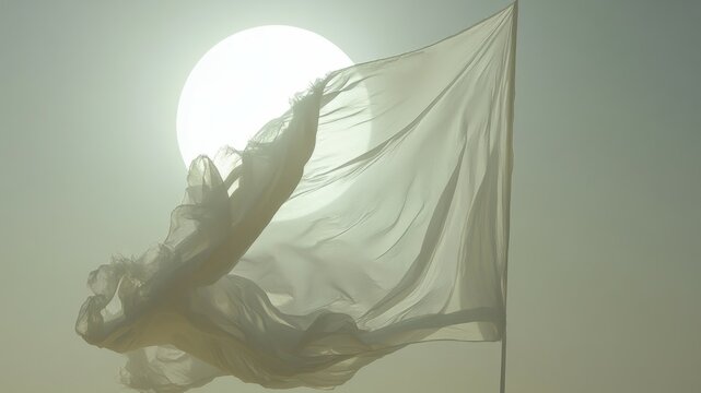 A white flag waving in the wind against the sun