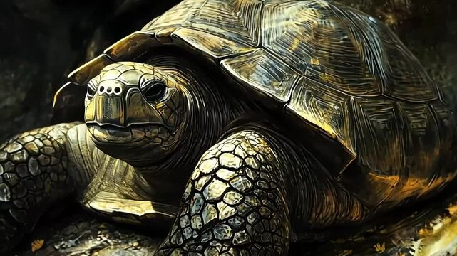 A close-up of a tortoise resting among rocks in a natural habitat, showcasing intricate shell patterns