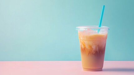 Iced coffee with cream in plastic cup on pink surface against blue background.