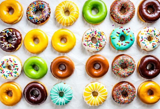 A bunch of donuts with sprinkles on a white surface.