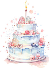 Big birthday cake with one candle as watercolor illustration isolated on transparent background
