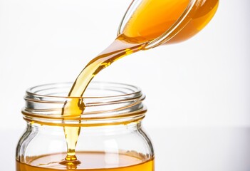 A jar of honey with a wooden spoon full of honey.