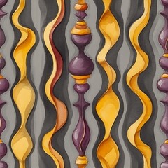 Abstract watercolor painting featuring vertical, wavy, gold and orange ribbons against a gray striped background. Purple and gold decorative elements are interspersed throughout the design, creating