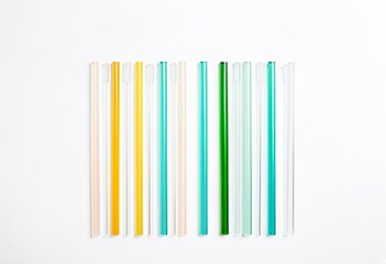 A group of green and blue drinking straws on a white surface.