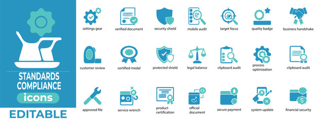 Premium editable standards compliance vector icons for quality control, industry regulations, and certifications. Clean, scalable, versatile