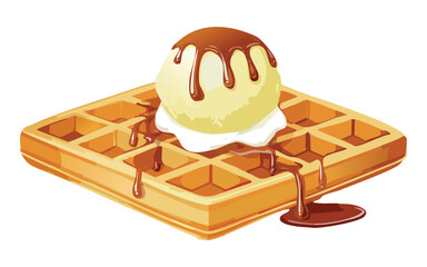 Belgian Waffle with Ice Cream and Caramel - Vector Illustration